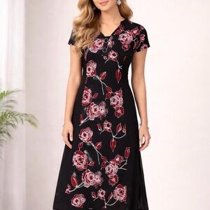 Long Soft Georgette Floral Black and Red Women's Dress